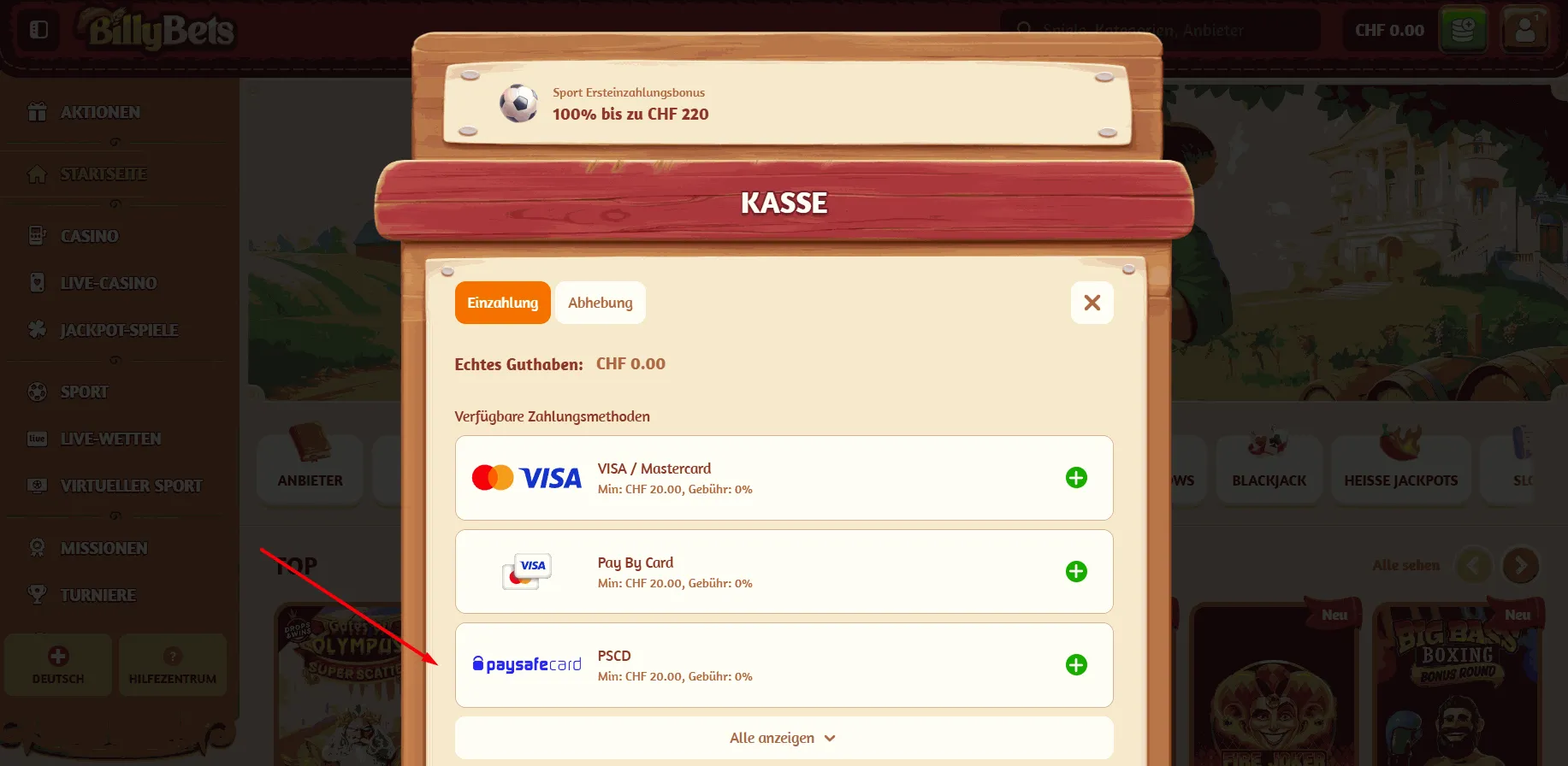 BillyBets Casino mit Paysafecard