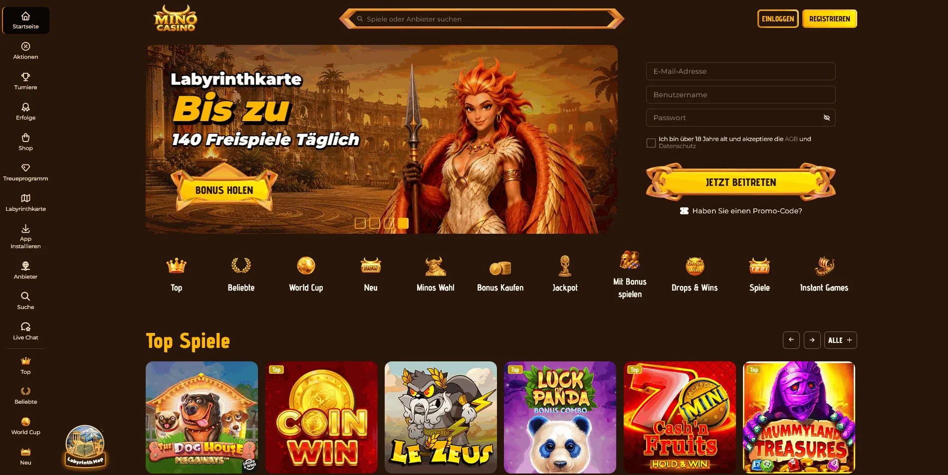 Startseite des Mino Online Casinos