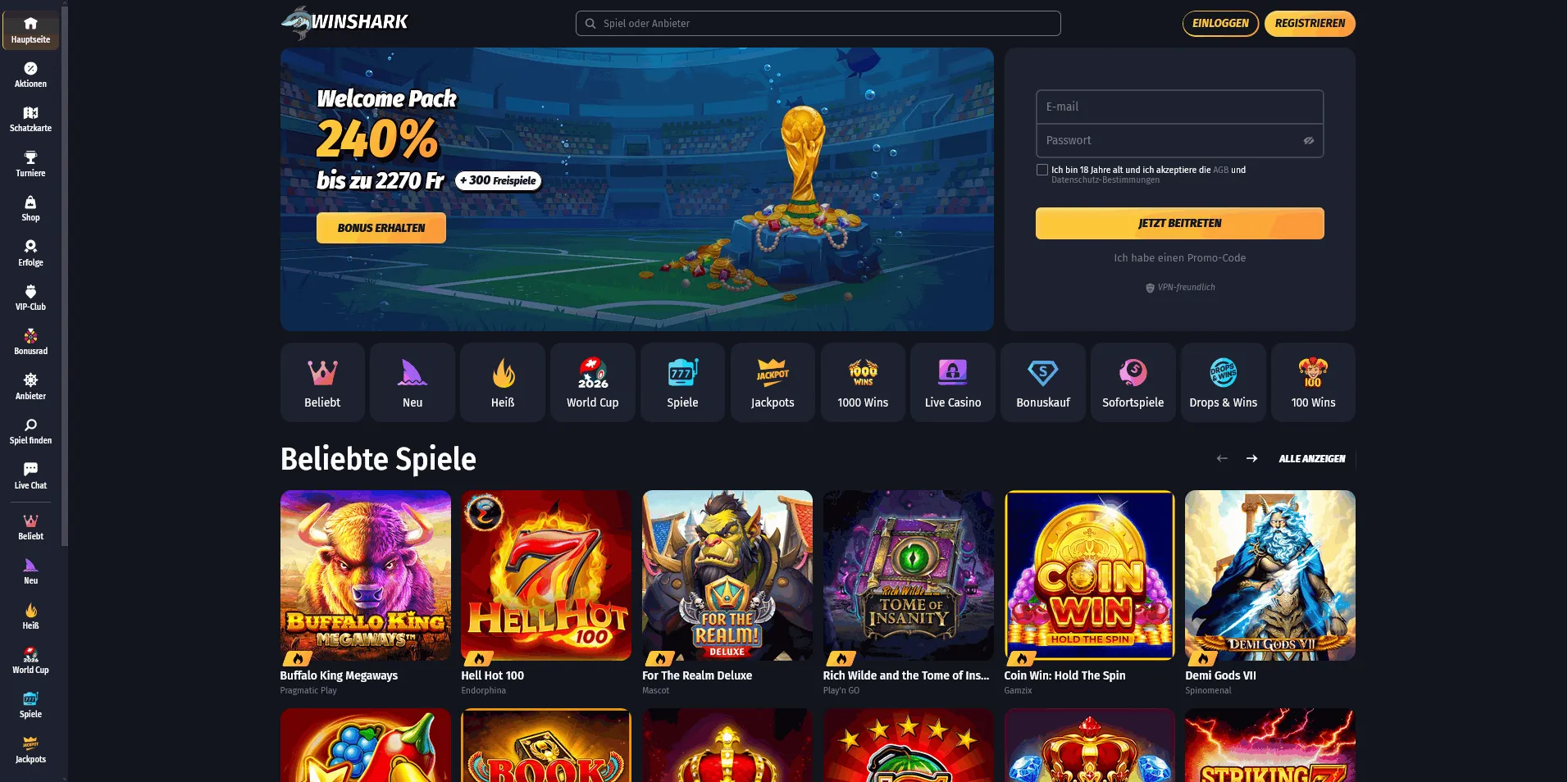 Startseite des Winshark Online Casinos